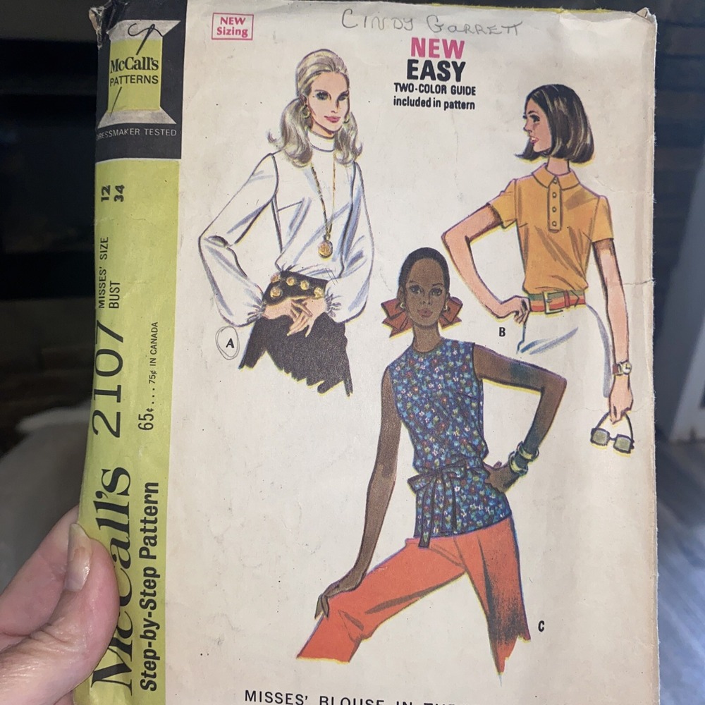 Vintage McCall’s Ladies Blouse Sewing Pattern 2107 Size 12 Bust 34 Cut Complete